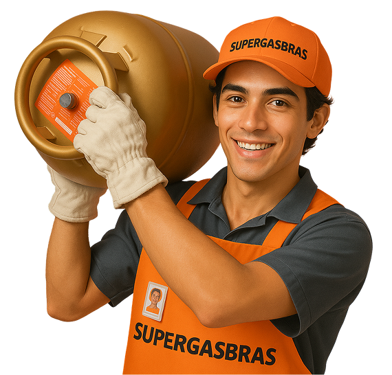 Homem segurando botijão de gás Supergasbras